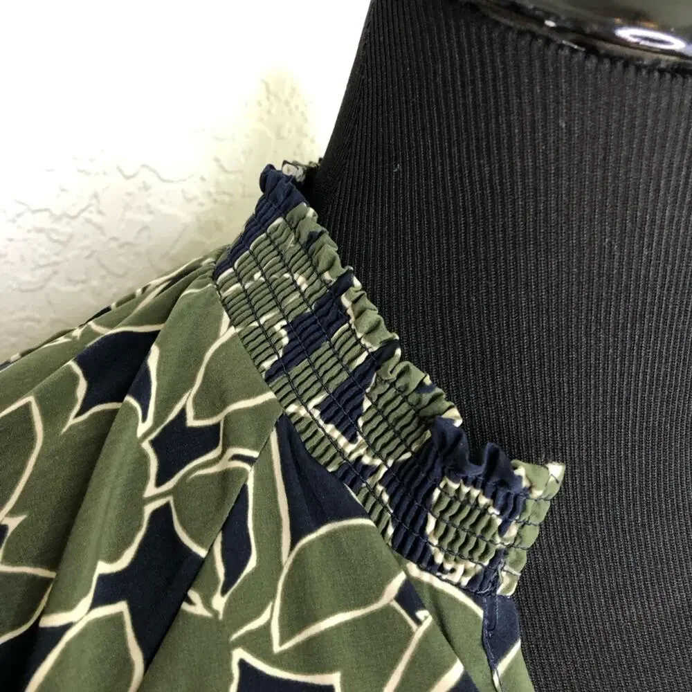 Banana Republic olive green navy blue floral v neck shift dress size 6